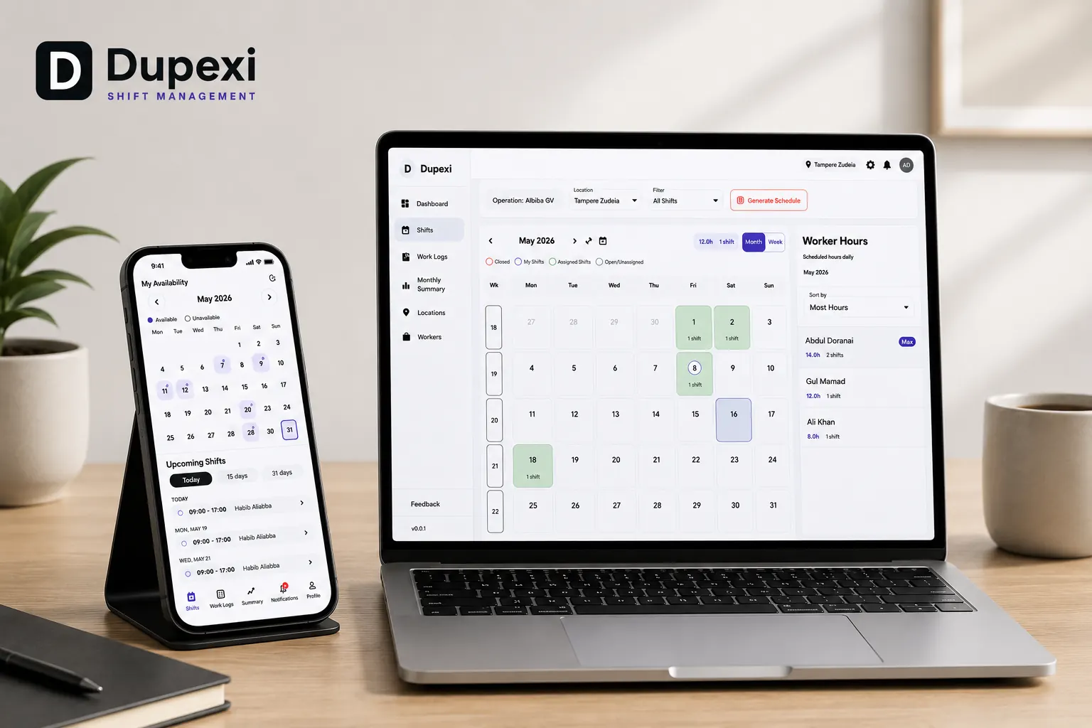 Dupexi shift scheduling software — manager dashboard and worker mobile app for shifts and work logs